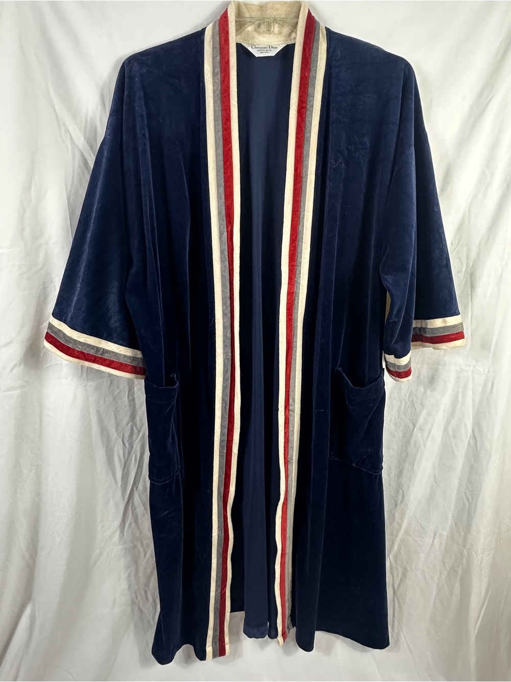 Vintage Christian Dior Navy, Red, Gray and Cream Velvet Stripe Trimmed Robe